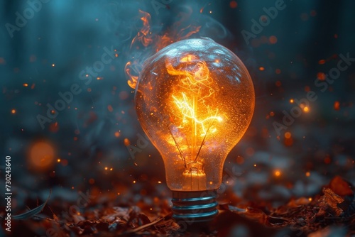 An ordinary incandescent light bulb stands on the ground and burns at night
