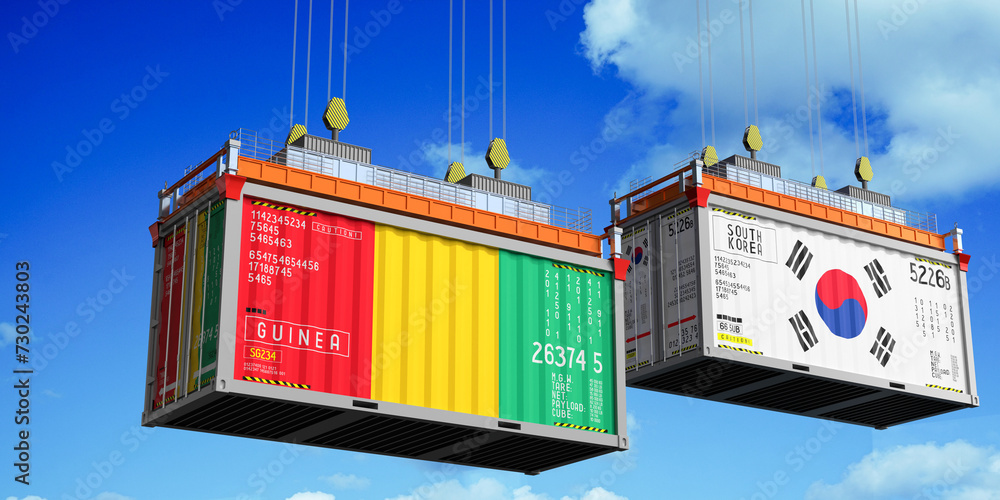 Shipping containers with flags of Guinea and South Korea - 3D illustration