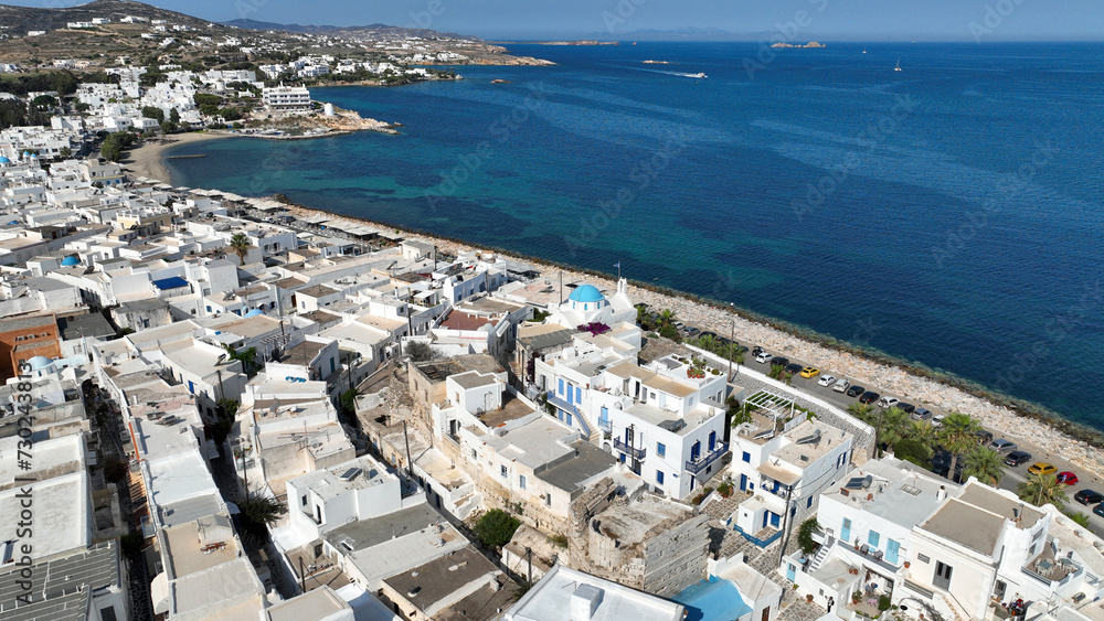 Aerial drone photo of traditional settlement and Frankish Castle of Paroikia with unique Cycladic architecture, Paros island, Cyclades, Greece