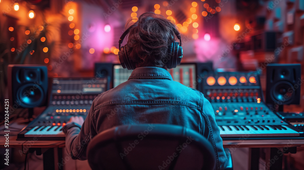 Fototapeta premium A man wearing headphones in a recording studio adjusting music for recording songs working with sound