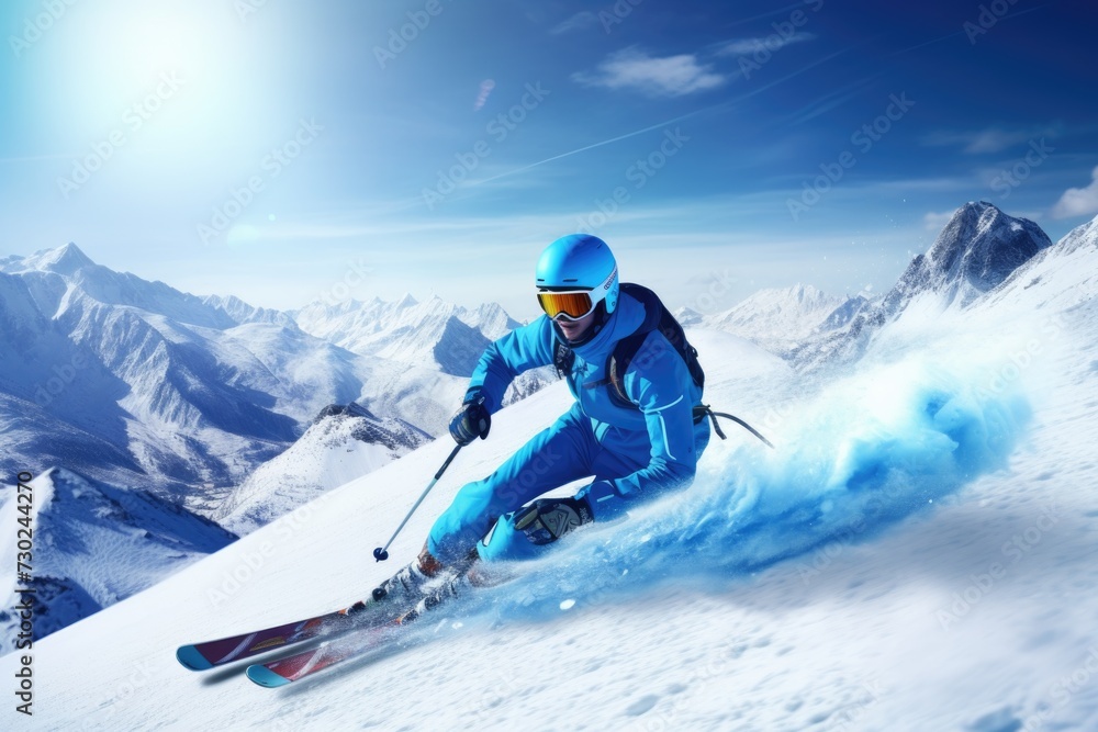Female Skier Speeding Down Winter Mountain