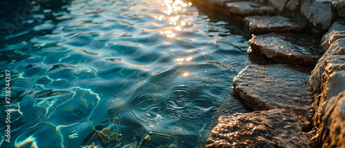 The setting sun's golden glow reflects on the water's surface by the rocky edge photo