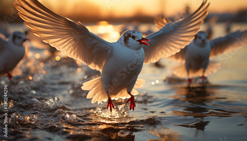 Seagull flying freely  wings spread  reflecting beauty in nature generated by AI