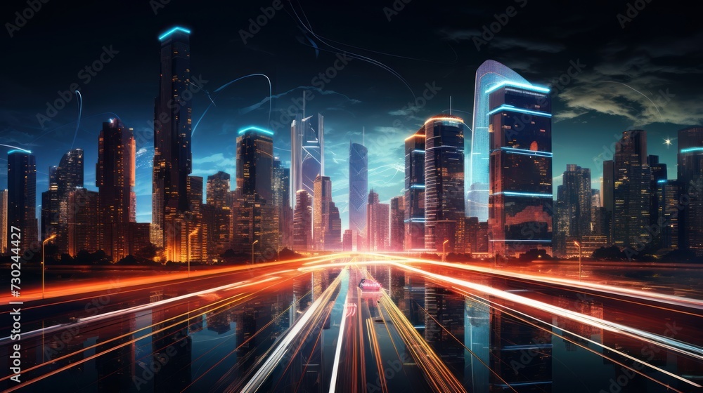 City skyline with moving cars and flashing lights, illustrating the energy and liveliness of urban environments