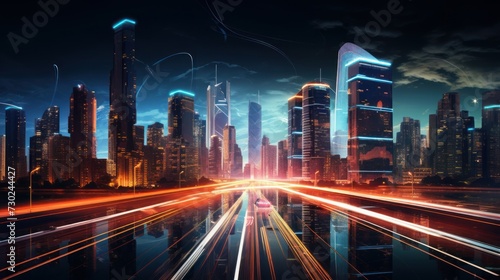 City skyline with moving cars and flashing lights, illustrating the energy and liveliness of urban environments