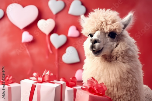 Adorable llama with gif box and red heart shaped balloons. Valentine’s Day holiday, Women's Day design concept with alpaca. Love card, greeting card. © ita_tinta_