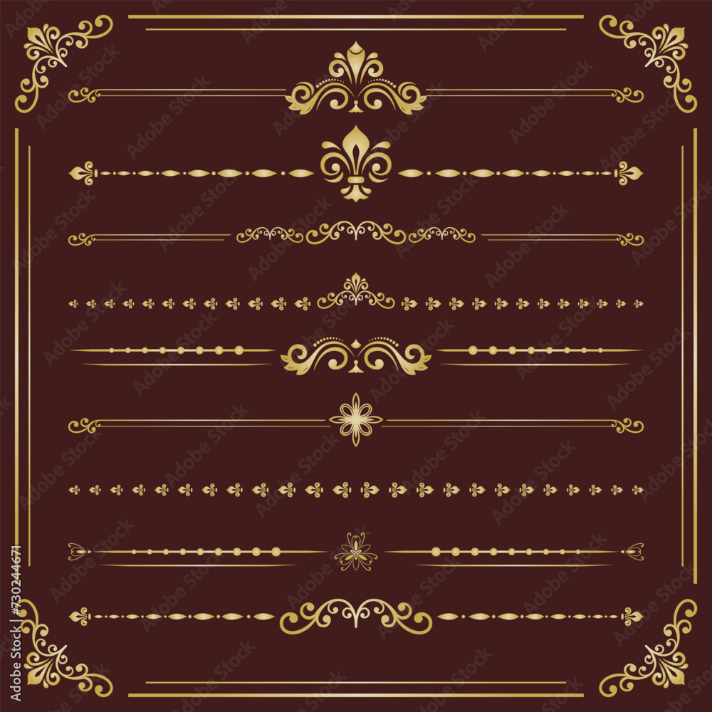 Vintage set of vector decorative elements. Horizontal separators in the frame. Collection of golden different ornaments. Classic patterns. Set of vintage patterns