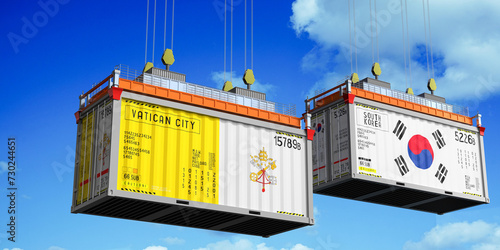 Fototapeta Naklejka Na Ścianę i Meble -  Shipping containers with flags of Vatican City and South Korea - 3D illustration
