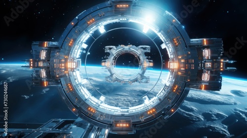Futuristic space station with spacecraft and advanced technology, illustrating a vision of space exploration and the future
