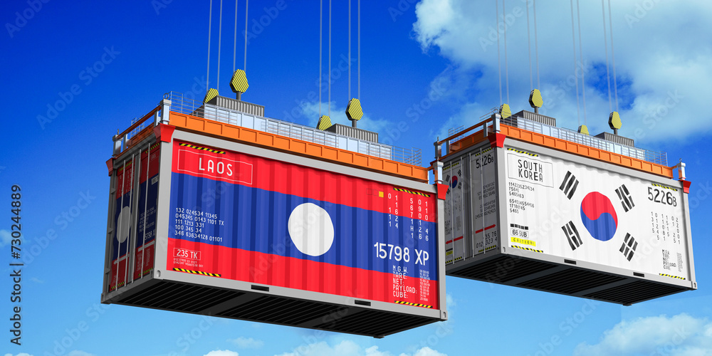 Shipping containers with flags of Laos and South Korea - 3D illustration