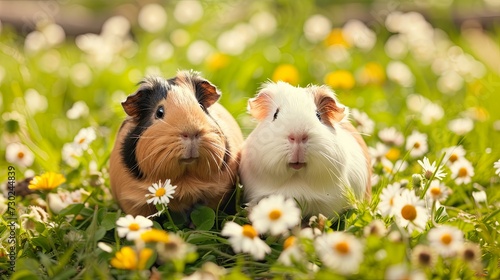 Couple of guinea pigs in the middle of a field of daisies generative ai