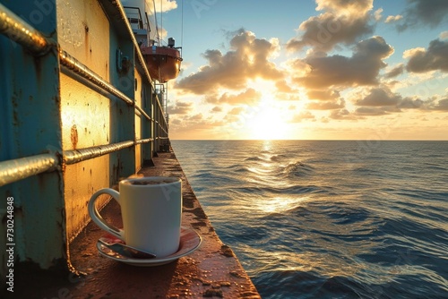 Morning cup of tea with a stunning sky from a merchant ship carrying bulk cargo underway at sea
