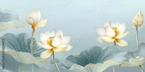 Golden lotus line arts on light blue background luxury gold wallpaper design wedding background photo