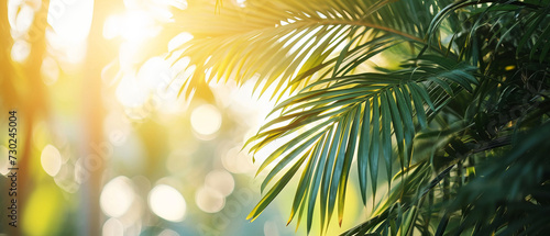 Golden sunlight filters through tropical palm fronds  creating a warm