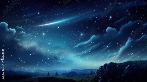 Starry night sky with twinkling stars and a moving comet, creating a sense of wonder and awe