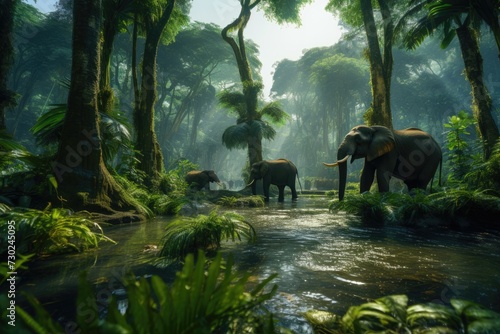 Elephants Bathing in Jungle River