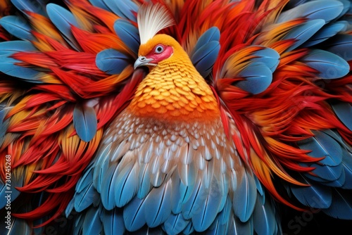Patterned Mandarin duck feathers. Colorful wild. Generate Ai © juliars