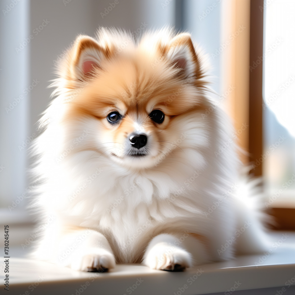 Cute fluffy Pomeranian puppy in close-up. Concept pet care Cute fluffy Pomeranian puppy in close-up. Concept pet care