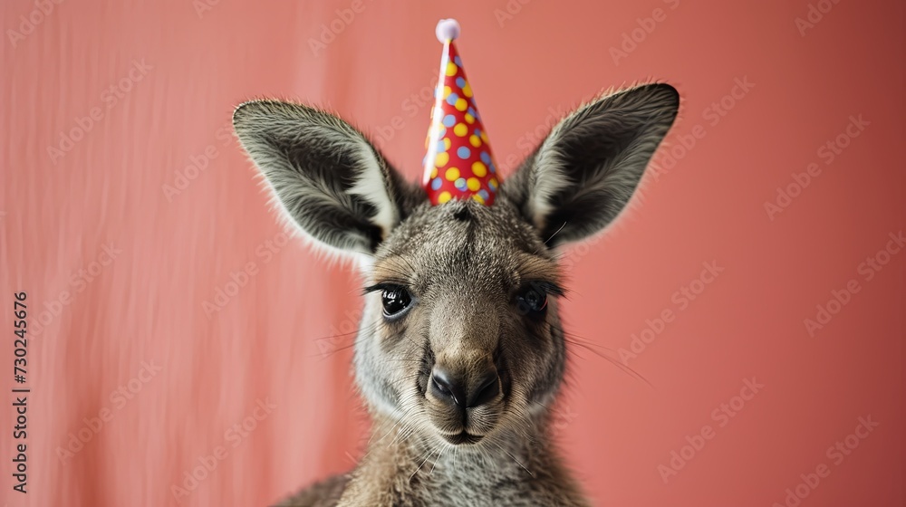 Kangaroo joey with birthday hat generative ai