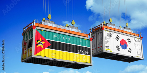 Shipping containers with flags of Mozambique and South Korea - 3D illustration