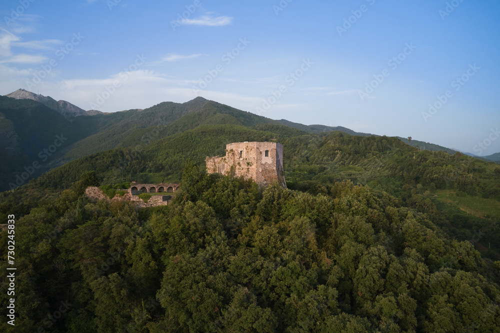 Capture the panoramic beauty of Aghinolfi Castle in Montignoso, Italy, through stunning drone photography.