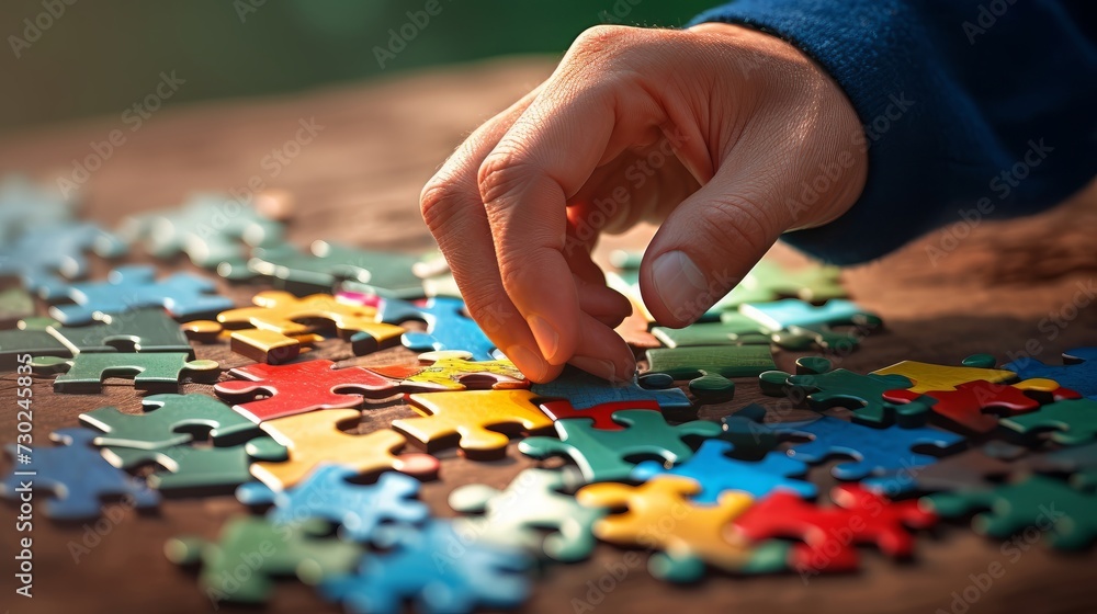 Close-up of a person's hand arranging puzzle pieces, symbolizing the need to evaluate and put life's pieces together Close-up of a person's hand arranging puzzle pieces, symbolizing the need to evaluate and put life's pieces together