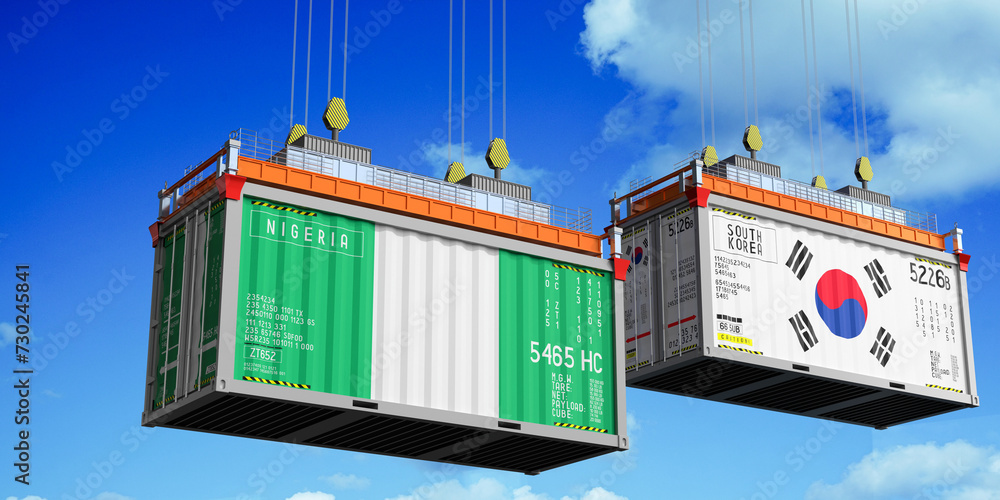 Shipping containers with flags of Nigeria and South Korea - 3D illustration