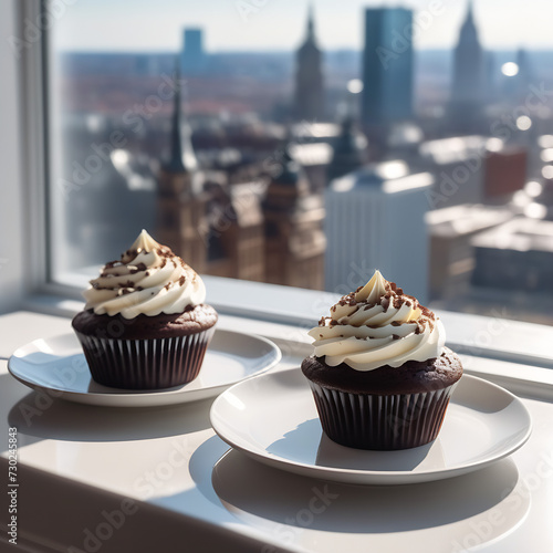 Two delicious chocolate cupcakes are served on saucers on the windowsill with a panoramic view of the city on a sunny summer day