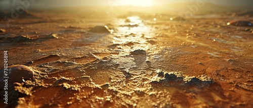 Close-up of planet surface with detailed textures and sunlight