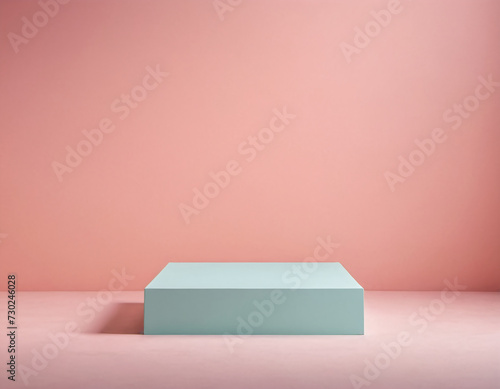 Minimalist pastel scene with a light blue podium against a soft pink background, creating a modern and elegant visual balance.