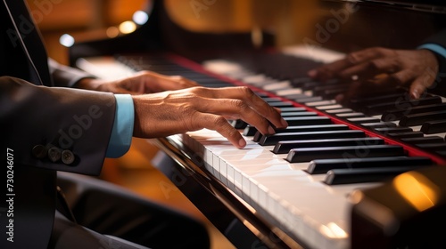 Close-up of a pianist's hands playing a grand piano, showcasing the finesse and artistry of classical piano music