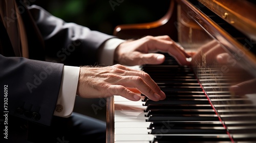 Close-up of a pianist's hands playing a grand piano, showcasing the elegance and complexity of classical music