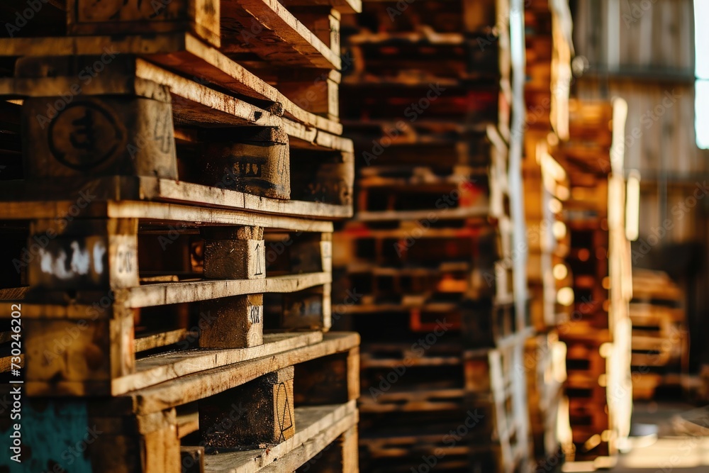 Organized chaos in a bustling warehouse with stacked wooden pallets. Organized chaos in a bustling warehouse with stacked wooden pallets.