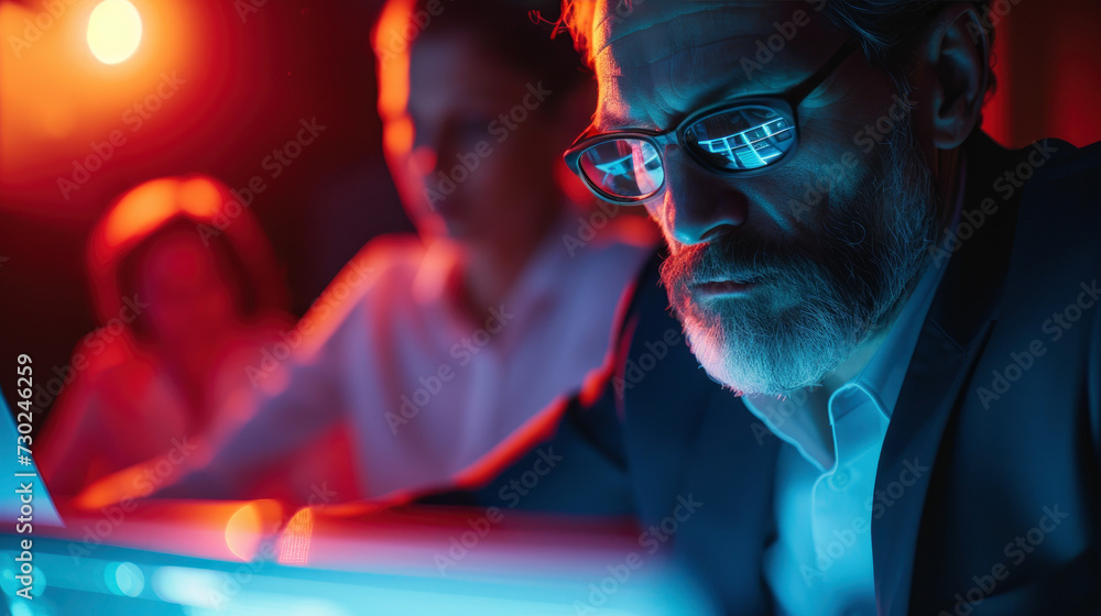 Capture the intense focus of corporate executives as they scrutinize complex financial models, their faces lit by the laptop's glow amidst strategic documents.