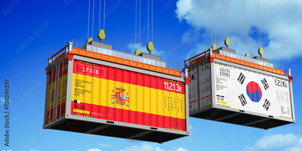 Shipping containers with flags of Spain and South Korea - 3D illustration