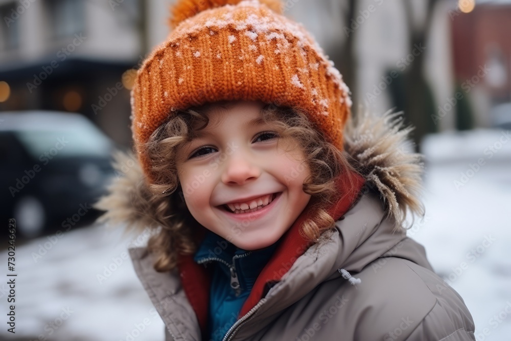 Outdoor portrait of cute little boy in warm hat and coat smiling Outdoor portrait of cute little boy in warm hat and coat smiling