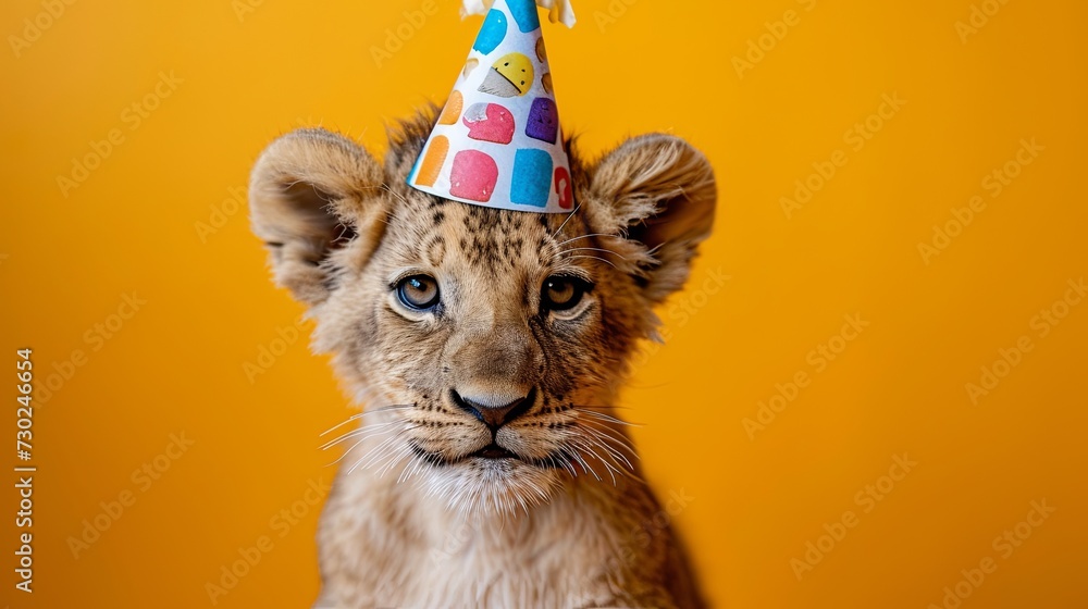 Obraz premium Lion cub with birthday hat, orange background generative ai