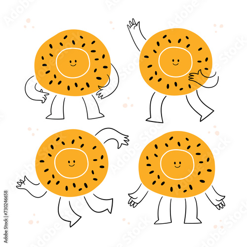 Happy flatbread vector illustrations set. Flatbread characters with faces — cute vector illustrations. Kawaii flapjack and cartoon bread icons.