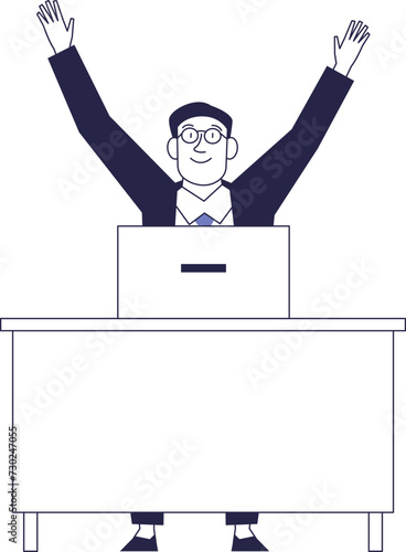 Rejoicing businessman at his desk. Successful project.