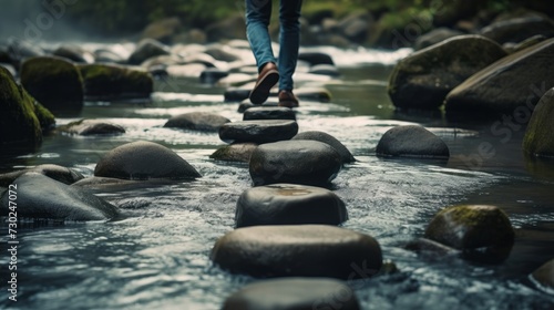 Conceptual image of a person stepping on stones in a river, representing the evaluation and progress in life's journey photo