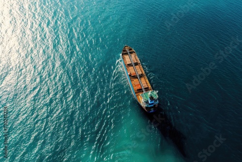 Cargo ship seen from above in the ocean. photo