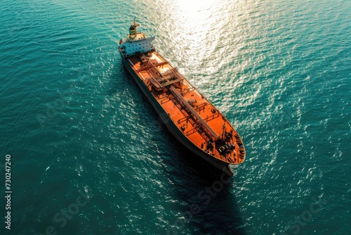 Cargo ship seen from above in the ocean. photo