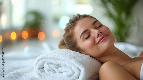 Beautiful young woman lying on massage table in spa salon, closeup