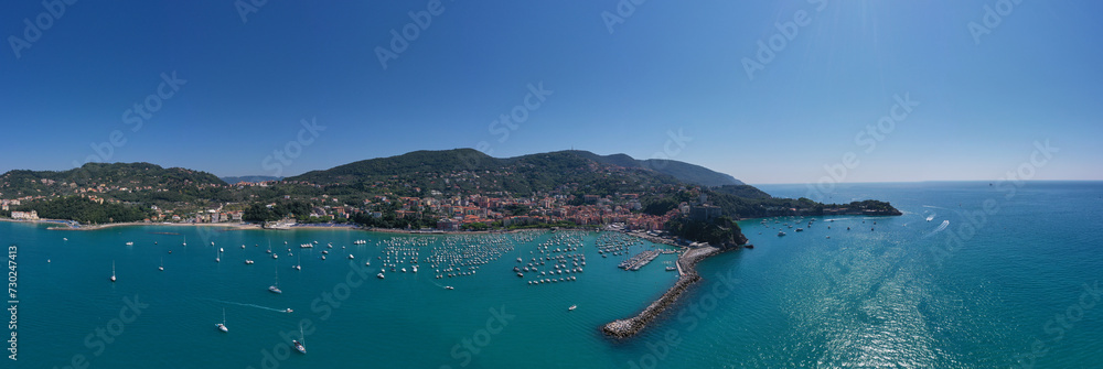 Cityscape of Lerici Tourist resorts on the coast of the Gulf of La Spezia, Mediterranean sea, Liguria, Italy. Italian resorts on the Ligurian coast aerial view. Aerial panorama of the city of Lerici.