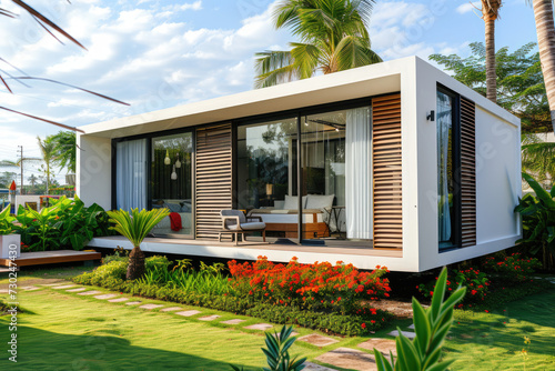 modern minimalist mini house with grass lawn, flowers garden and many tropical plants © Kien
