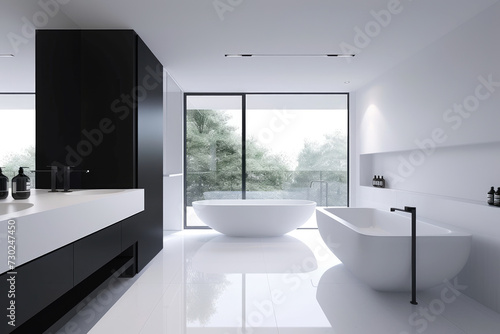 The essence of minimalist design captured in a bathroom setting  sleek surfaces  clean lines  and a chic monochrome palette  all highlighted by natural light.