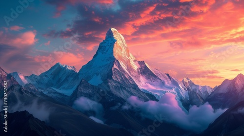 Embracing the spirit of International Mountain Day, an awe-inspiring scene materializes as majestic mountain peaks stand tall against a vibrant sunset backdrop 