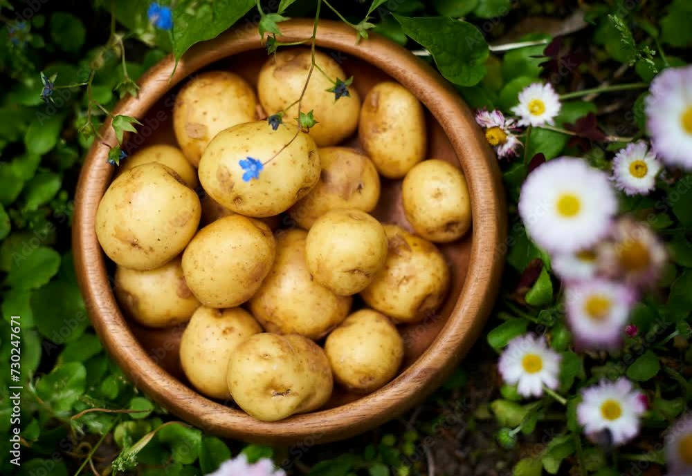new potatoes in a bowl on the grass animated 4k new potatoes in a bowl on the grass animated 4k