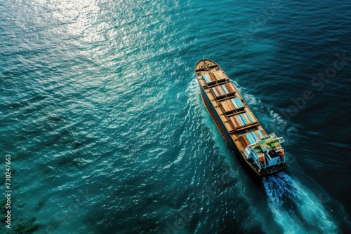 Aerial drone photo of bulk carrier ship on open ocean photo