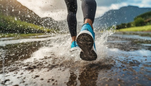Young woman running in rainy weather, water and mud splashes as her feet hits the ground, low angle closeup detail from behind photo